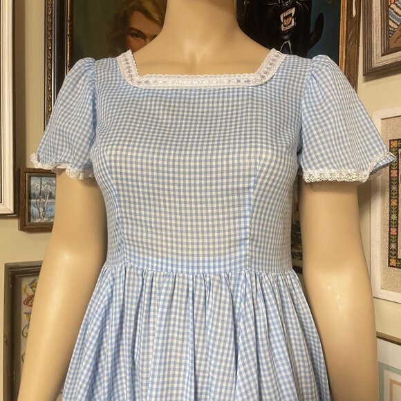 Vintage Blue Gingham Puff Sleeve Dress With Lace Trim & Square Neckline Size XL - Picture 2 of 5